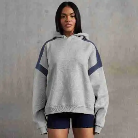 Contrast Color Drop Shoulder Women's Hooded Sweater E24W03943363 Flower Gray - Shop at LoveMi