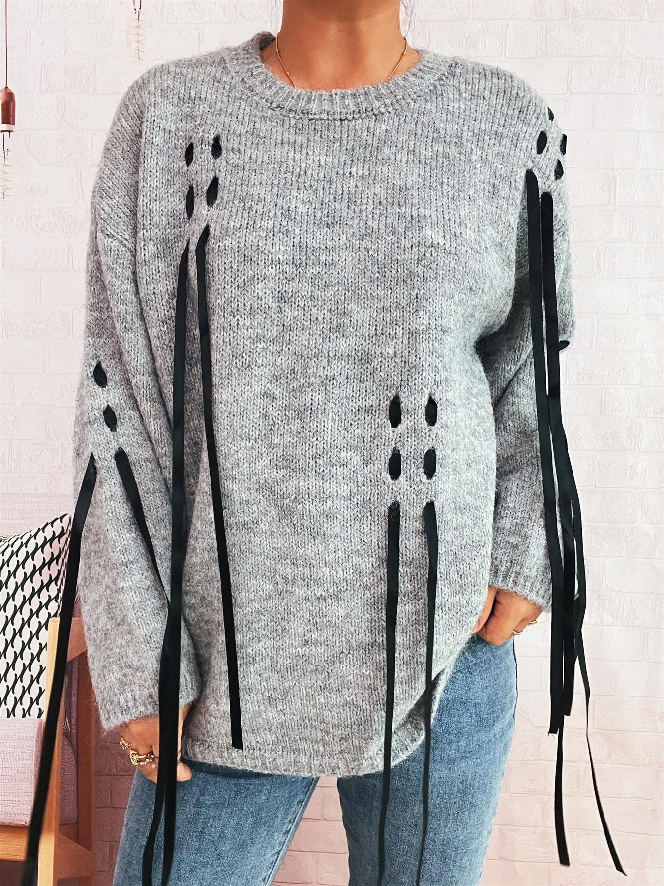 Handmade Lace-up Knitted Round Neck Long Sleeve Loose Sweater