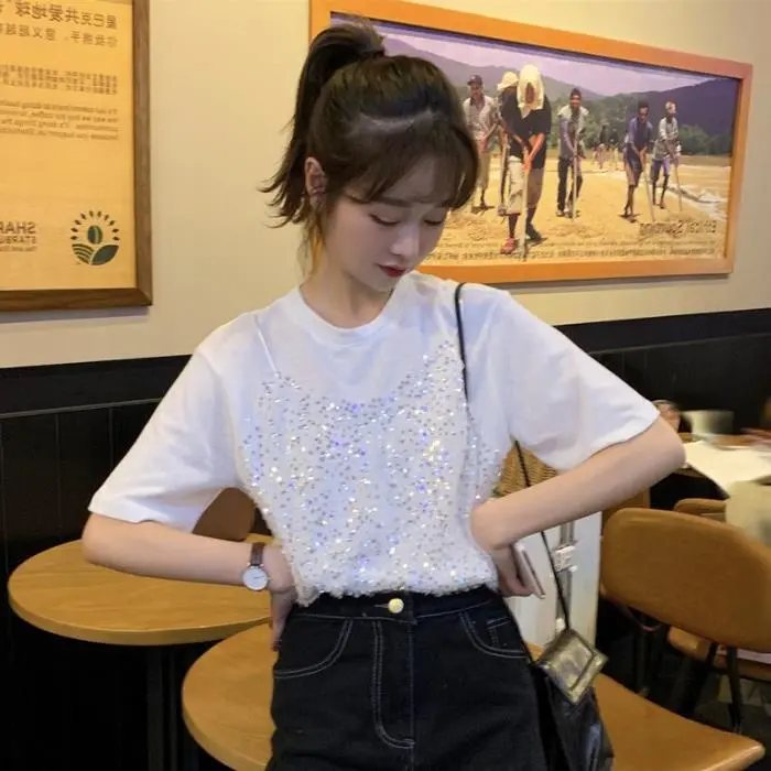 Sequined Korean-style Short-sleeved T-shirt False Two-piece Patchwork Loose All-matching Top - White