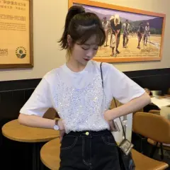 Sequined Korean-style Short-sleeved T-shirt False Two-piece Patchwork Loose All-matching Top - White - View 1