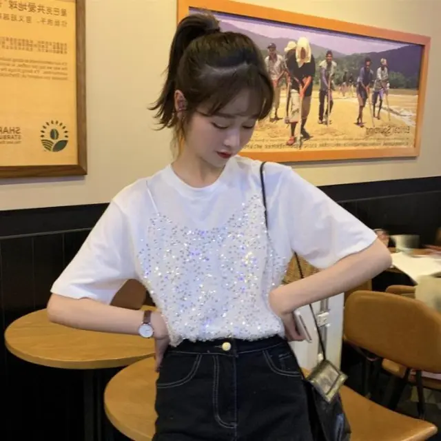 Sequined Korean style Short sleeved T shirt False Two piece Patchwork Loose All matching Top White - Shop at LoveMi
