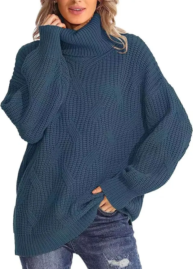 Women's Fashion Loose High Collar Twisted Knitted Sweater Pullover Long Sleeve Dark Blue - Shop at LoveMi