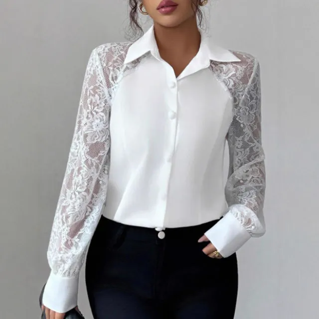 Women's Lace Solid Color Button Long Sleeve Shirt White - Shop at LoveMi