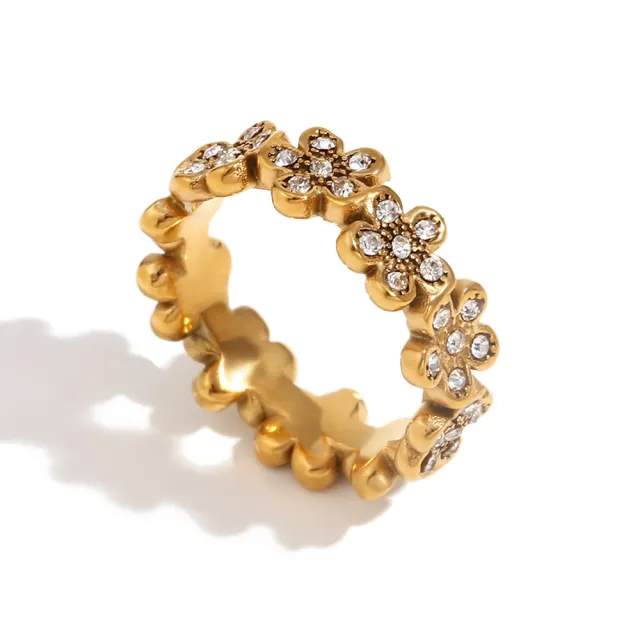 Fashion Retro Stainless Steel 18K Gold Plating Flower Full Diamond Ring Gold - Shop at LoveMi