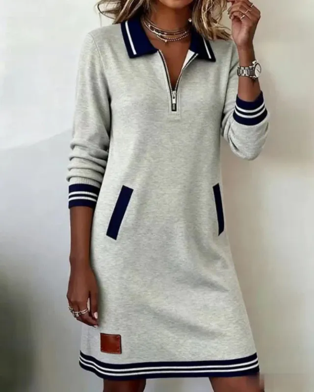 European And American Autumn New Fashion Lapel Zipper Long Sleeve Color Block Pocket Dress Gray - Shop at LoveMi