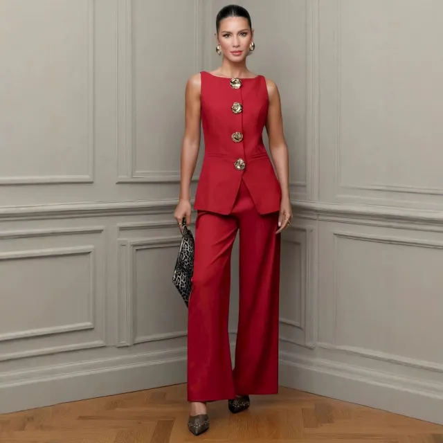 Women's Fashion Golden Button Vest Pants Casual Suit Red - Shop at LoveMi