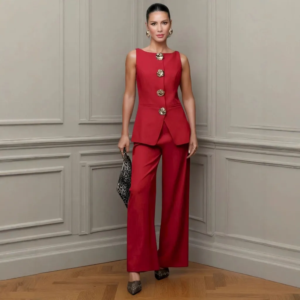 Women's Fashion Golden Button Vest Pants Casual Suit - Red