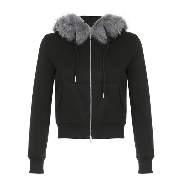 American Retro Small Letter Embroidery Fleece Padded Coat Black - Shop at LoveMi