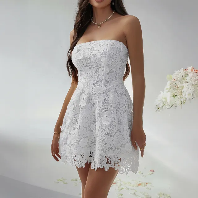 Slim fit Solid Color Embroidered Tube Top Jumpsuit Short Skirt White - Shop at LoveMi