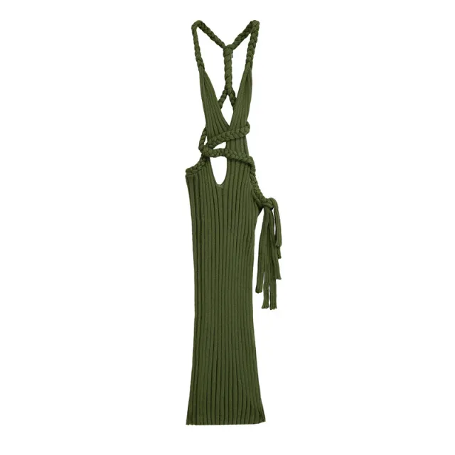 Elegant Knitted Halter Sheath Dress Slim Fit Army Green - Shop at LoveMi
