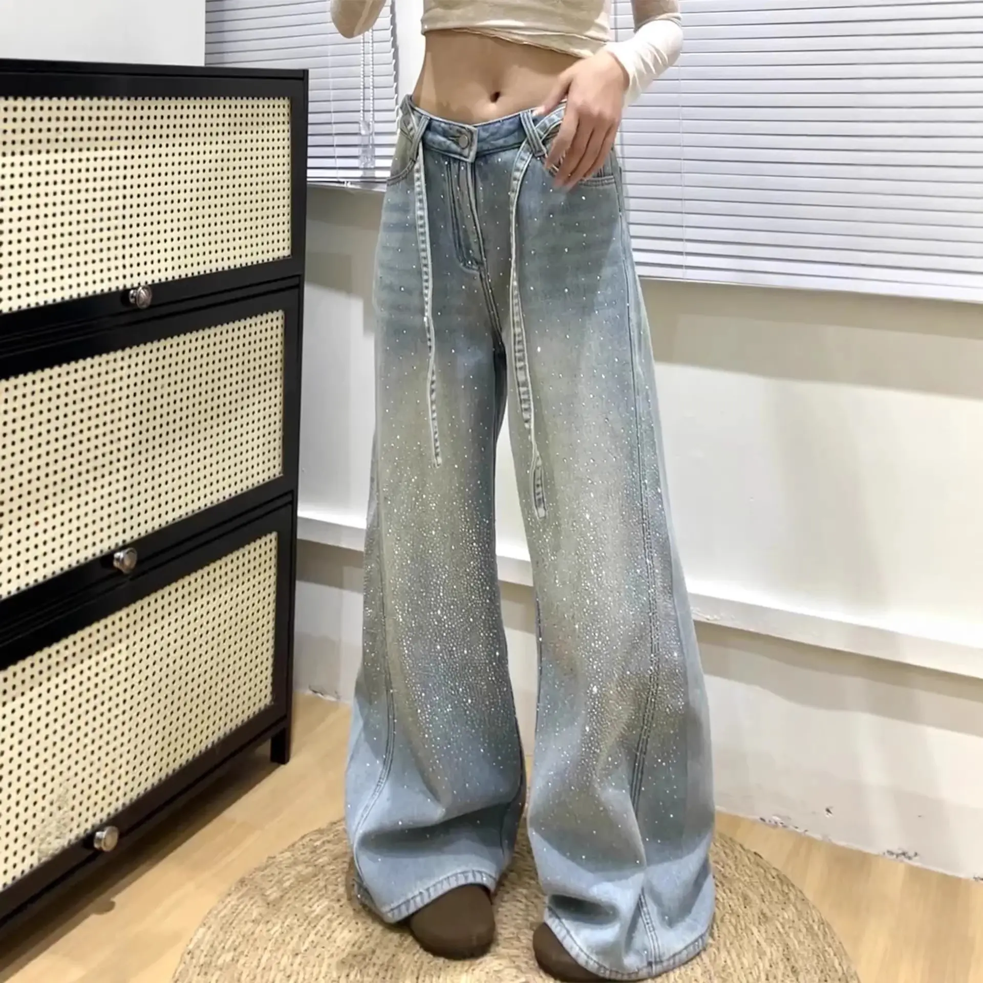 Babys-breath Hot-stone-embellished Wide-leg Denim Jeans