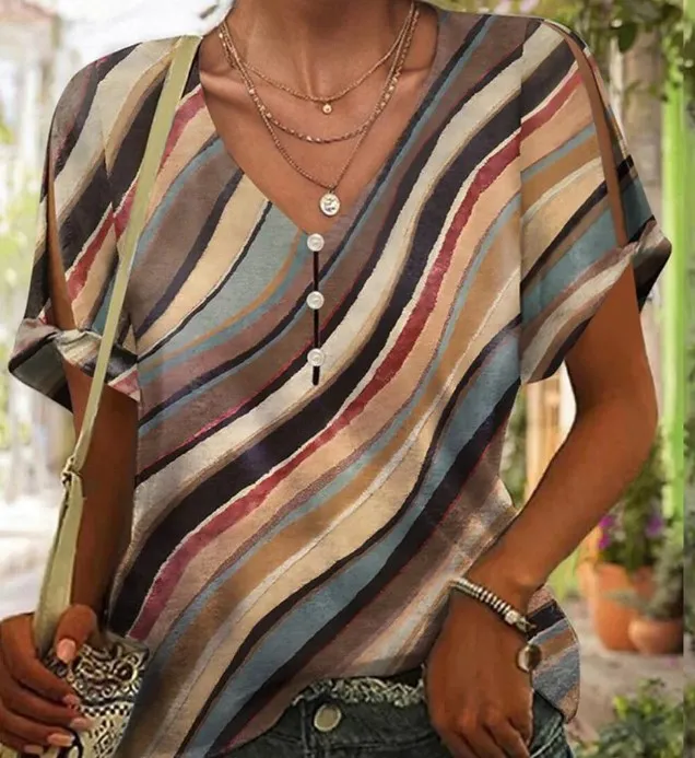 Flower Series 3D Printed V neck Button T shirt Top Bmjxtx286 2Xl - Shop at LoveMi