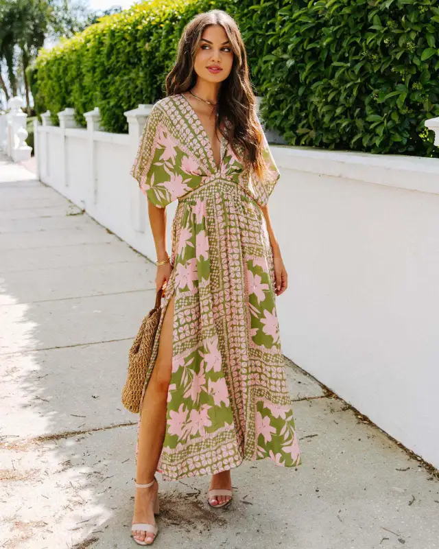 High Waist Batwing Sleeve V neck Women's Printed Wear Dress - Shop at LoveMi