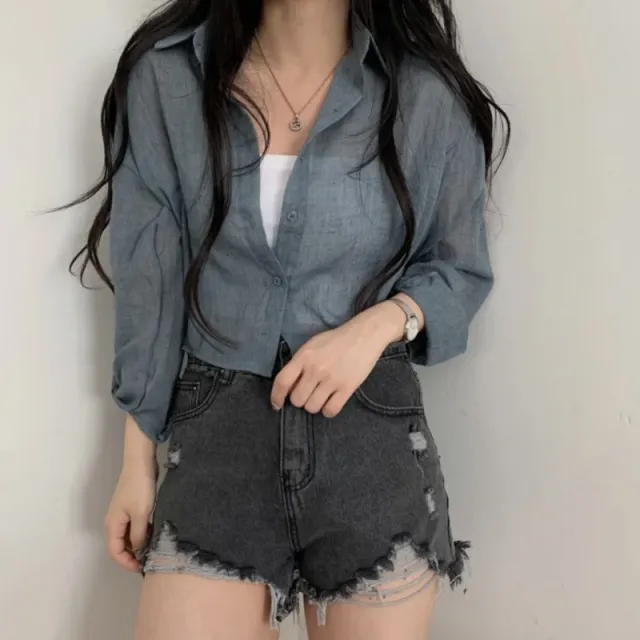 French Top High grade Cardigan Blouse Shirt Gray Blue - Shop at LoveMi