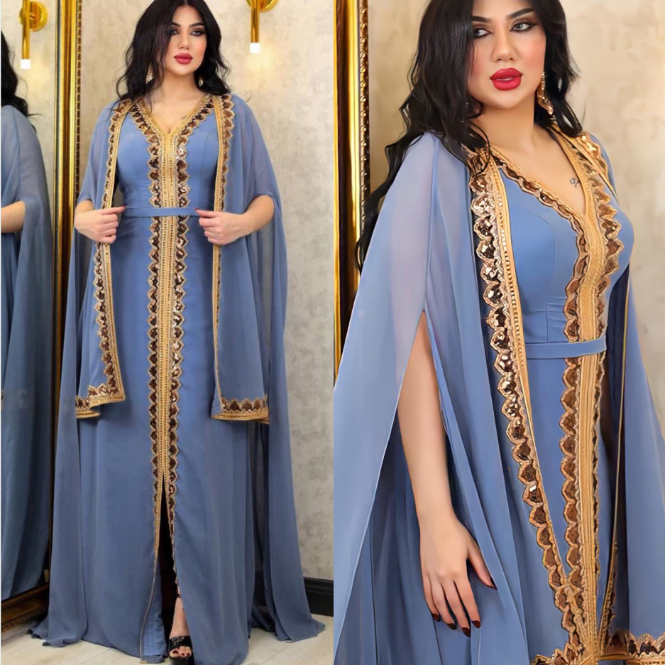 Middle East Muslim Women's Wear Sequined Gown Suit Dress Cape Robe 2153 Blue - Shop at LoveMi