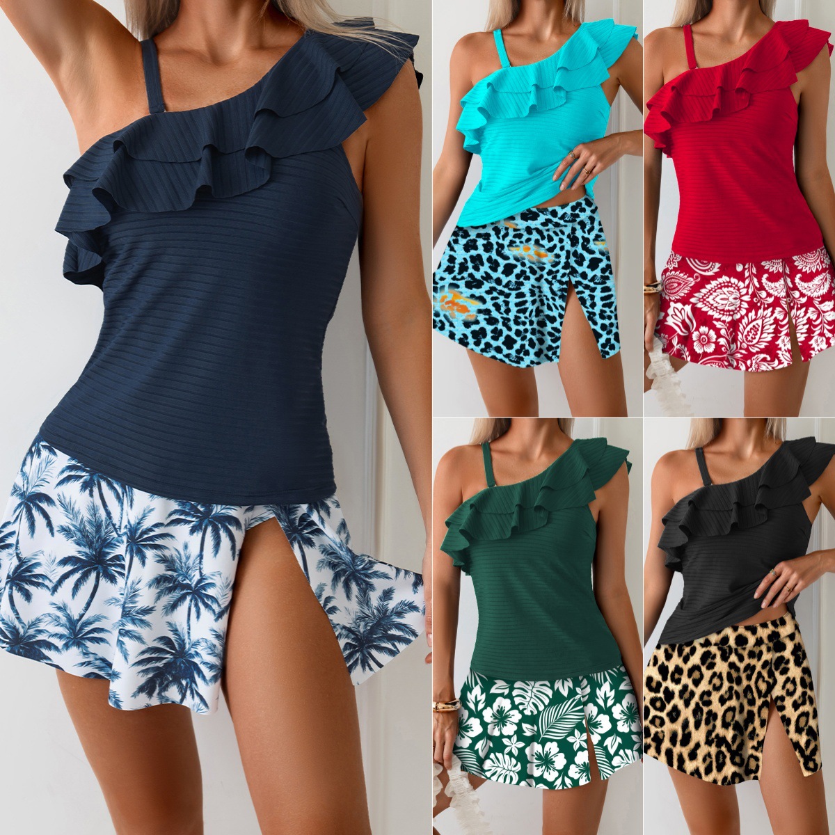 Strap One-shoulder Dress-style Swimsuit Set For Women