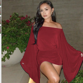 Designer-style Off-shoulder Batwing Maxi-sleeve Solid-color Bodycon Sheath Mini Dress