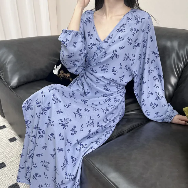 New Floral Print Spring And Summer Wrap Dress Blue - Shop at LoveMi