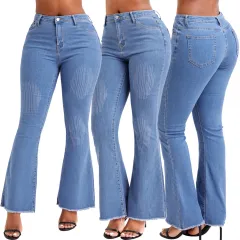 Fashionable All-match Wide-leg Washed Denim Stretch Flared Pants - Blue - View 1