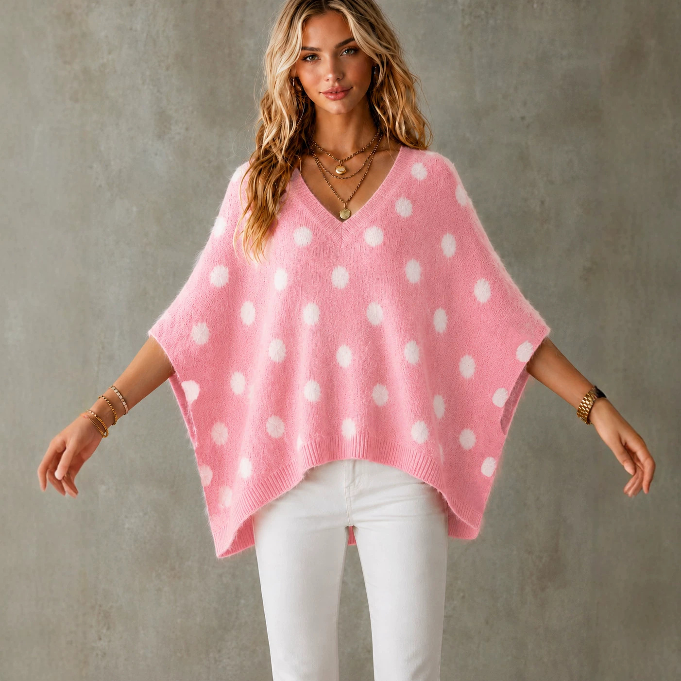 Polka-dot V-neck Knitted Batwing-sleeve Asymmetrical Top 6748d633 C220 4394 9ffc 5f856cc98304