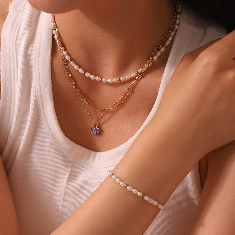 French Entry Lux Temperament Wild Clavicle Chain Ins18K Gold Stainless Steel Beads Freshwater Pearl