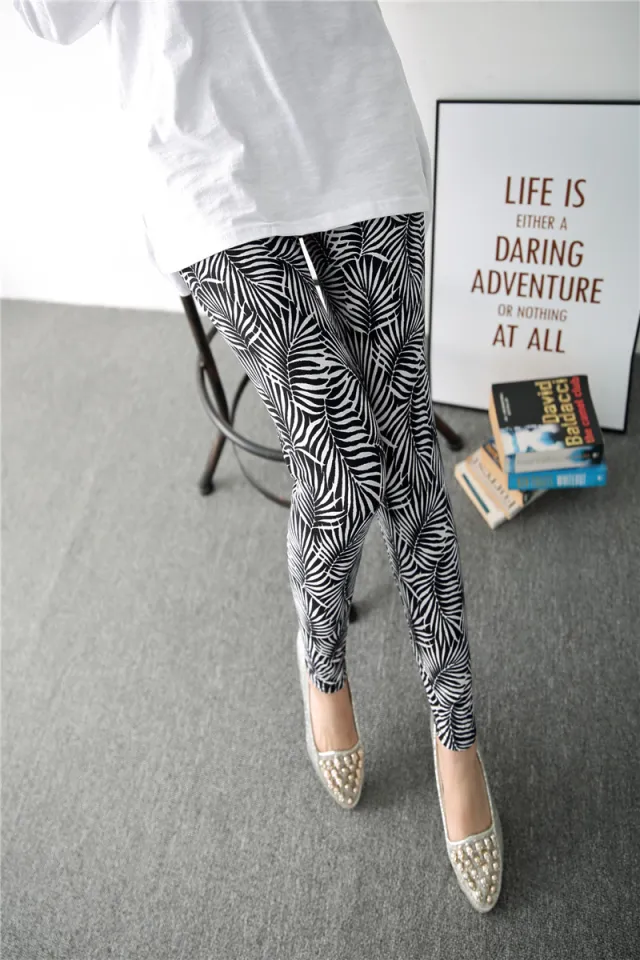Spring Graffiti Milk Silk Ink Painting Elastic Leggings Black And White Leaves - Shop at LoveMi