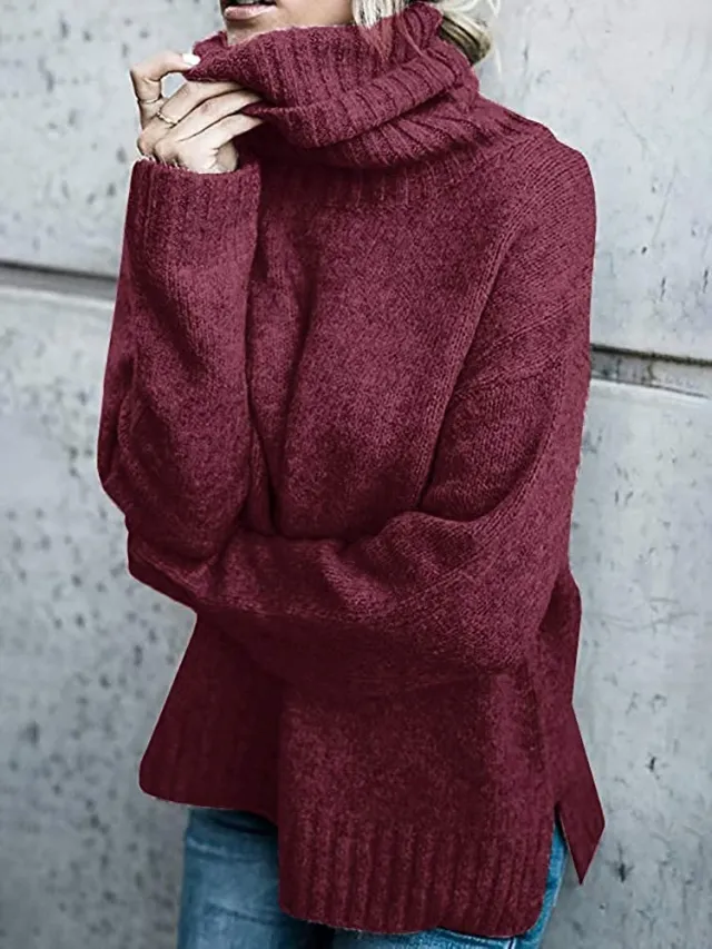 Women's Fashion Core spun Yarn Turtleneck Long sleeved Pullover Knitted Sweater Wine Red - Shop at LoveMi