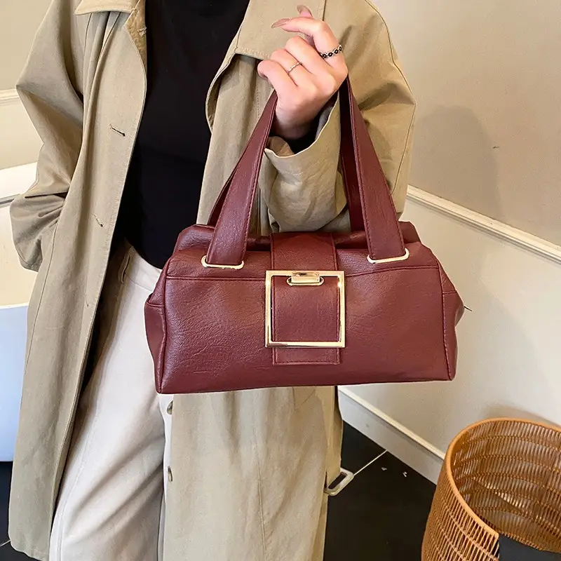 Retro Metal Buckle Soft Leather Handbag