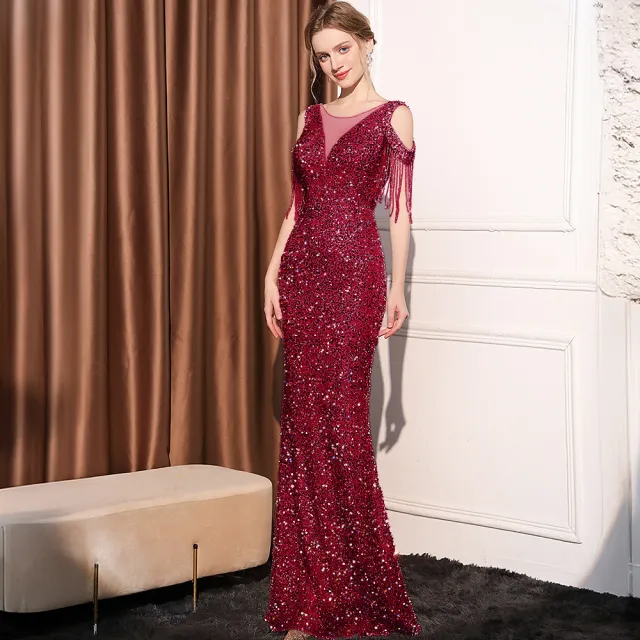 Sequin Long Slim Slimming Fishtail Dress Wine Red 18580 - Shop at LoveMi