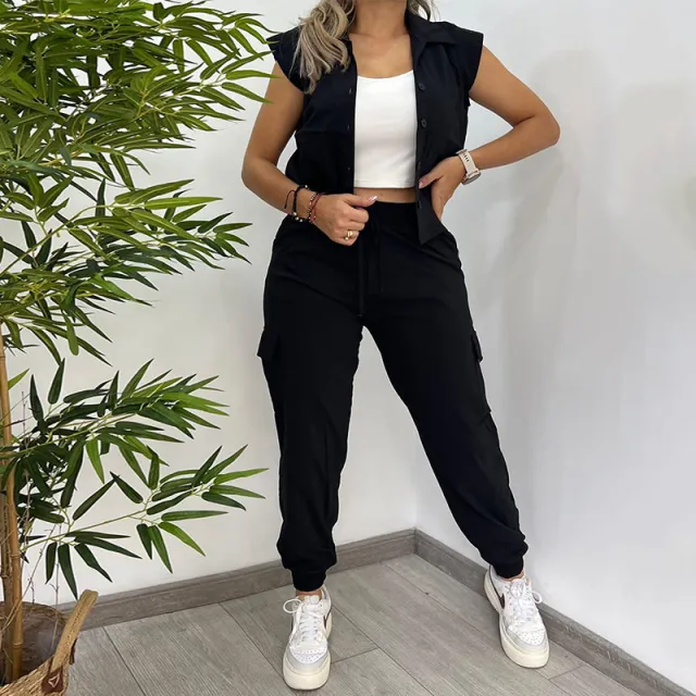 Women's Fashionable Elegant Lapel Short sleeved Shirt And Trousers Suit Black - Shop at LoveMi