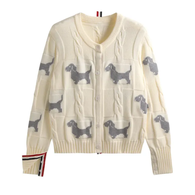 Design Dog Jacquard Twist Lazy Round Neck Knitted Cardigan Apricot - Shop at LoveMi