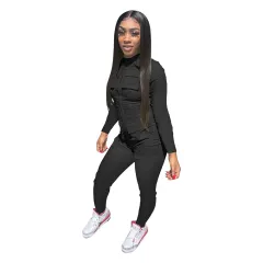 Solid Color Long Tooling Zipper Pocket Jumpsuit - Black - View 1