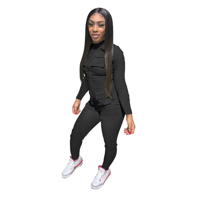 Solid Color Long Tooling Zipper Pocket Jumpsuit Black - Shop at LoveMi