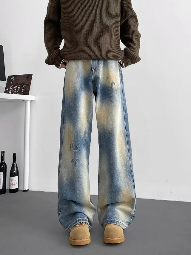 European And American Style Retro Washed Distressed Wide Leg Jeans Blue Xk8099 - Shop at LoveMi