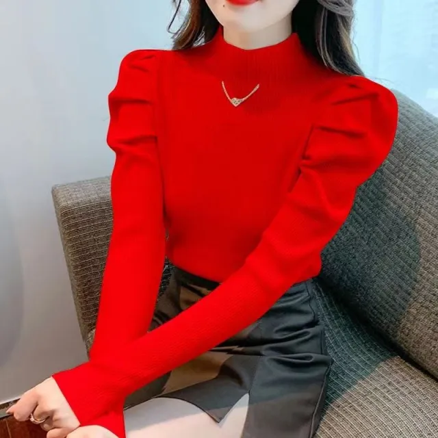 Puff Sleeve Sweater Half Turtleneck Slim Fit Red - Shop at LoveMi