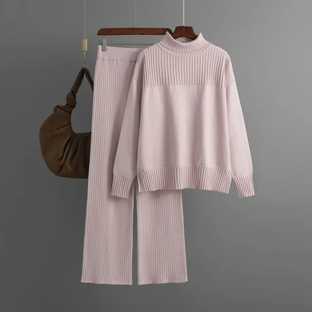Women's Knitted Pullover Solid Color High Collar Loose Casual Autumn And Winter Sweater Two piece Set Pink - Shop at LoveMi