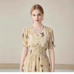 Women's Short-sleeve Elegant V-neck Midi Dress - Yellow - View 1