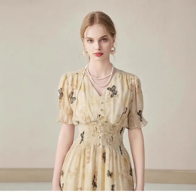 Women's Short sleeve Elegant V neck Midi Dress Yellow - Shop at LoveMi