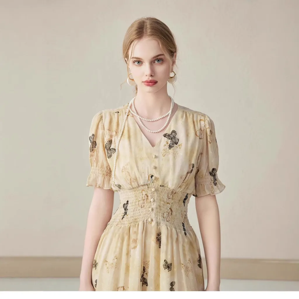 Women's Short-sleeve Elegant V-neck Midi Dress - Yellow