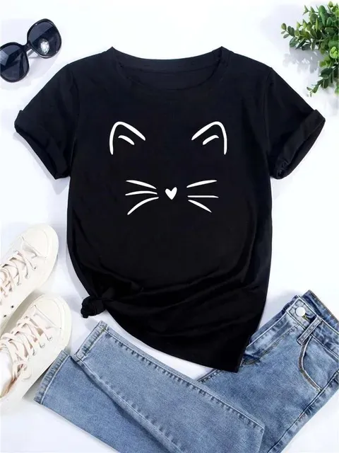Womens Heart-Shaped Cat Crew-Neck Printed Short-Sleeve Top - Bt11139Hs-L