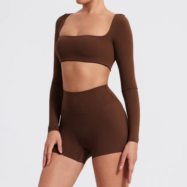Yoga Long Sleeve Outdoor Running Fitness Sports Top Brown - Shop at LoveMi