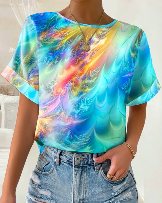 Casual Camouflage Printed Round Neck Pullover Women's Short Sleeved T shirt Blue - Shop at LoveMi