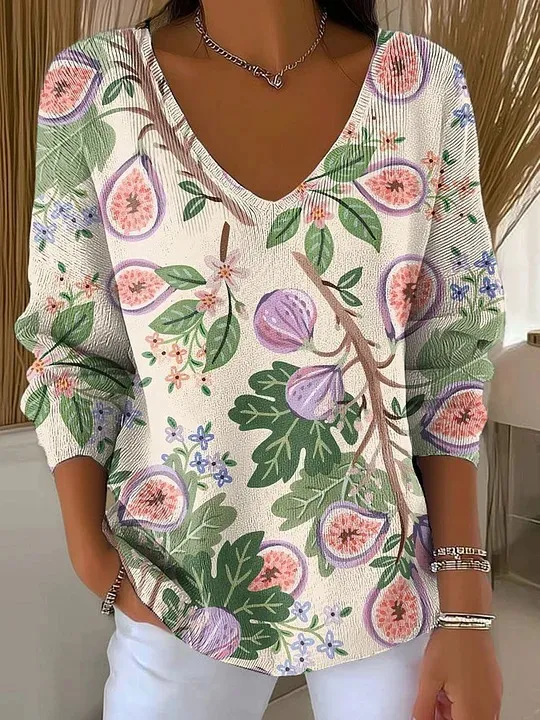 Women's Loose Skull Printed V-neck Long-sleeved T-shirt - Sh100206302