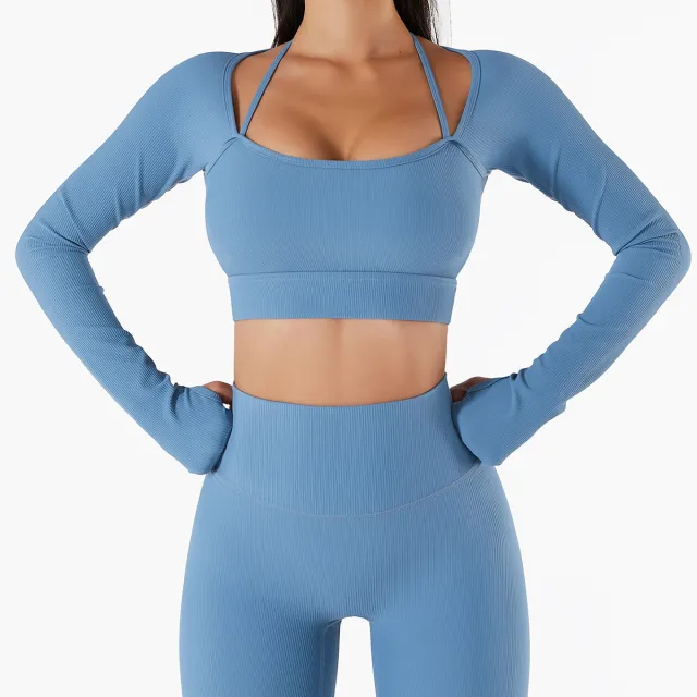 Sports Top Women's Quick drying Workout Clothes With Chest Pad Slim Fit Skinny Long Sleeve Yoga Wear Blue - Shop at LoveMi