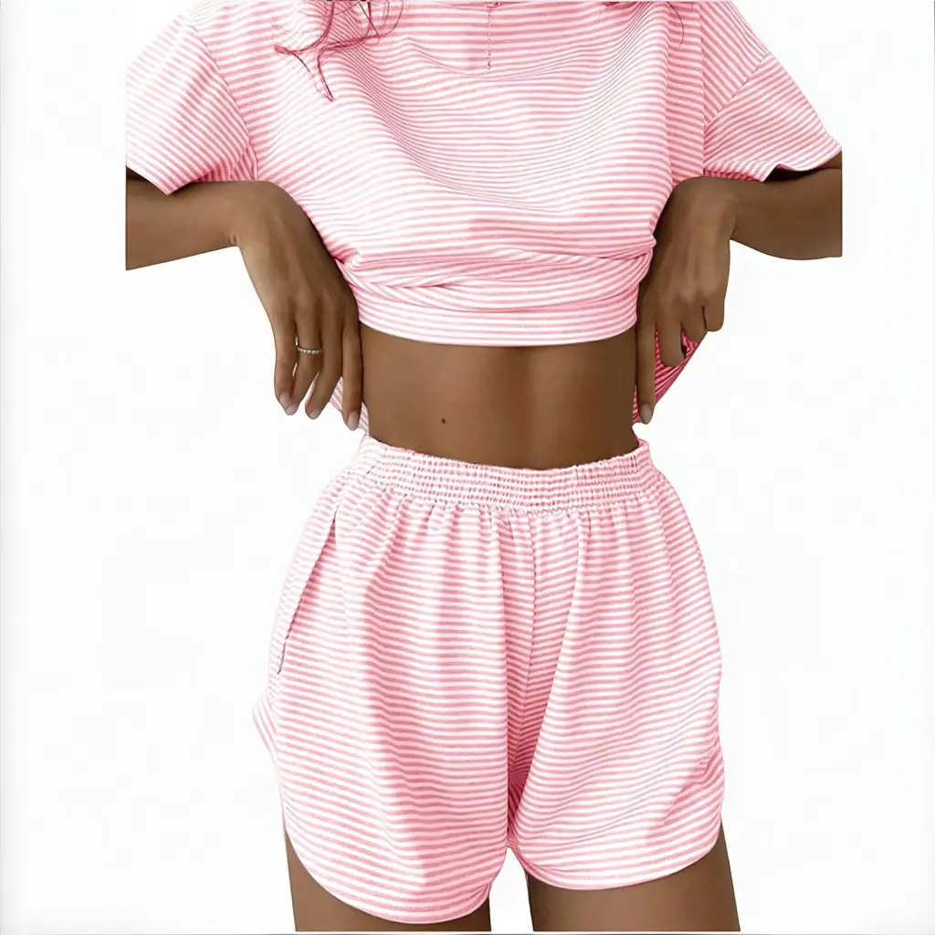 European And American Autumn Knitted Striped Pajamas Loose Short Sleeve Shorts Suit - Pink