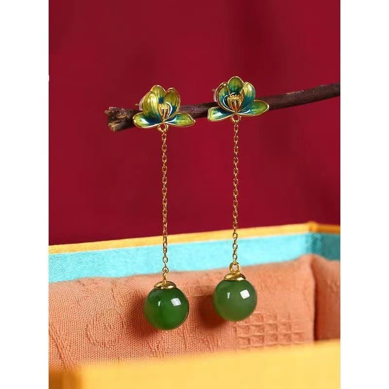 Jasper Lotus Heart New Chinese Style Earrings For Women