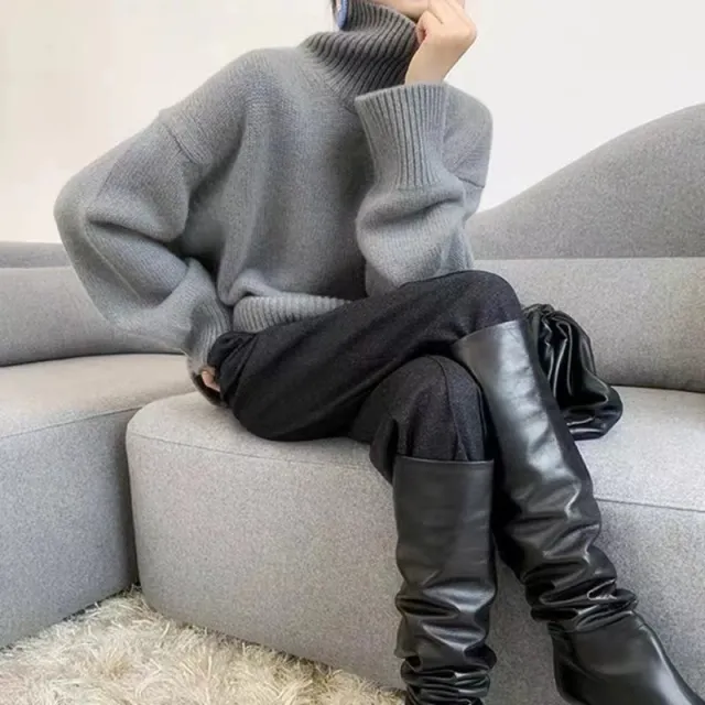 New Winter Wear Thick Soft Glutinous Loose High Collar Knitted Sweater For Women Gray - Shop at LoveMi