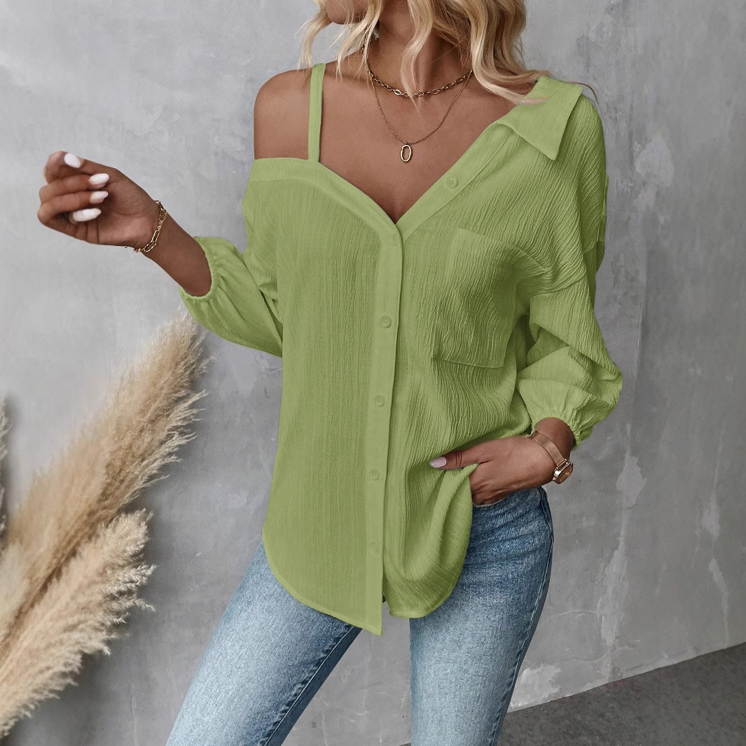 European And American Style Lapel Three-quarter Sleeve Off-shoulder Cardigan Texture Single-breasted Shirt