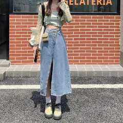 Summer New High Waist A- Line Mid-length Denim Skirt For Women - Light Blue - View 1