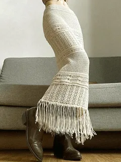 Womens Knitted Skirt With Hollowed-Out Design Tassel Trim And Solid Color - Beige - View 1